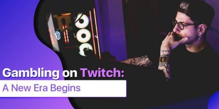 A streamer sitting at his gaming setup with colorful lights, representing the rise of gambling content on Twitch.